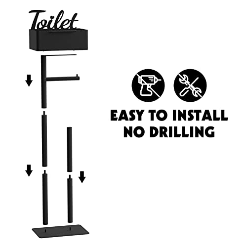Tinpin Toilet Paper Holder Stand, Free Standing Black Toilet Paper Holder With Shelf And Storage, Toilet Paper Stand With Wipes Holder, Matte Black Toilet Paper Storage And Tissue Holder For Bathroom #TOP3