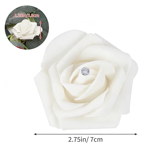 Image of 100Pcs Real Looking White with Diamonds Artificial Rose Flower Heads, Foam Fake Roses for DIY Wedding Decorations Baby Shower Centerpieces Home Party Valentine's Day Mother's Day Decor