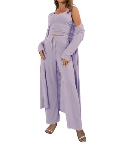 Image of 3 Piece Lounge Sets for Women Airport Travel Outfit | Long Cardigan,Tank Top ,Wide Leg Pants with Pockets,Comfy Loungewear,Casual Chic, Airplane Clothing,Vacation Matching Set