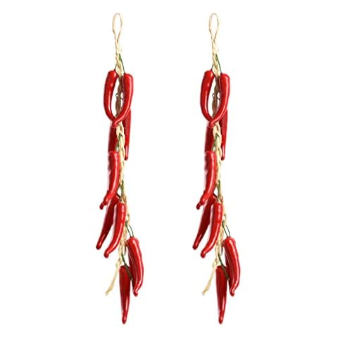 VIOCIWUO Artificial Hanging Pepper String 2 Sets, Simulation Lifelike Hot Chili Vegetable Fruit Garland Vine for Home Kitchen Farm Party Wall Decoration, Red Cover