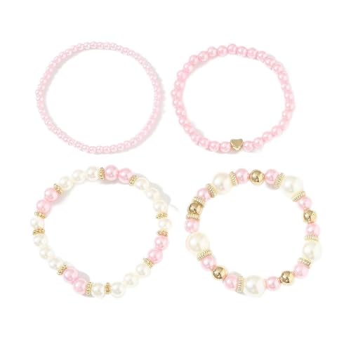 COLORFUL BLING Adjustable Imitated Pearl Stackable Stretch Bracelet Set Beaded Heart Strand Bracelet for Women Bridal Bridesmaids Wrap Bangle Wedding Jewelry-pink heart