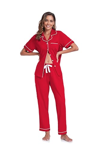 Image of COLORFULLEAF Women's 100% Cotton Pajamas Set Button Down Sleepwear Short Sleeve Shirt and Long Pants Soft Ladies Lounge Sets
