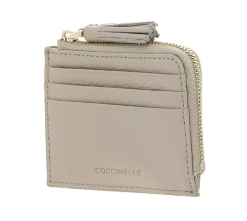 Coccinelle étui pour carte de crédit en cuir beige sandshell avec pompon