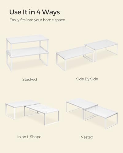 SONGMICS Spice Racks, Set of 2 Metal Cabinet Shelf Organizers, Countertop Organizers, Shelf Risers, Stackable, Expandable, White UKCS401W01