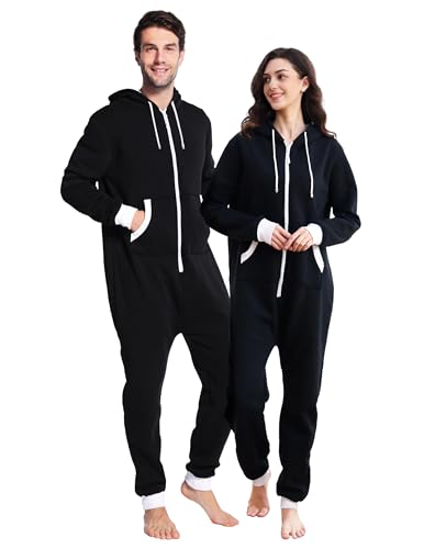 dressfan Pijama unisex para adultos, con capucha, color negro, mono térmico, para Navidad, para familia, parejas, adolescentes, Negro , S