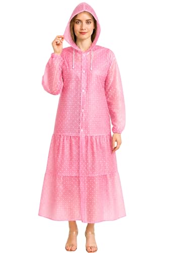 Image of Krystle Women's Long Hooded Raincoat - Waterproof Lightweight Full-Length Rainwear with Front Buttons & Adjustable Hood (Pink,Multisize)