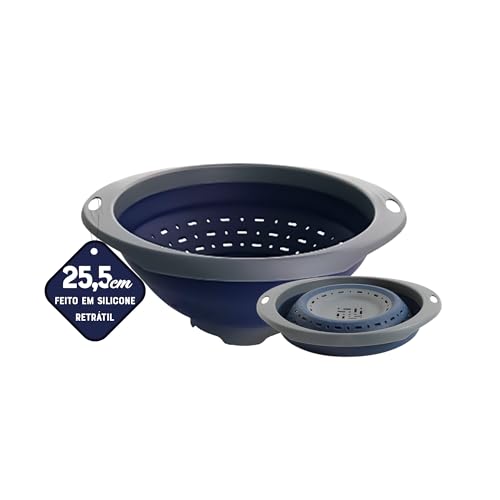 Oster Bluemarine 10-Inch Foldable Strainer – Collapsible Colander for Pasta, Vegetables, Fruits, Space-Saving Kitchen Tool, Blue/Grey Dishwasher Safe