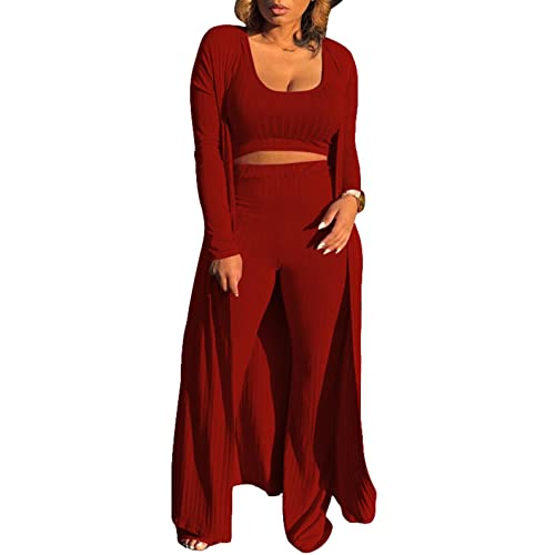 Image of Women's 2 Piece Outfits Set Ribbed Short Sleeve Casual Crop Top Wide Leg Pants Suit Set