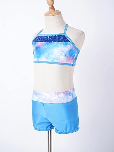 Image of Agoky Kids Girls 2PCS Sports Outfits Ballet Gym Sequins Mermaid Tank Top Shorts Set Tankini Swimwear Gymnastics Tracksuit