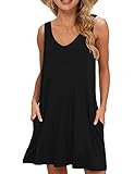 WNEEDU Damen Leichte Sommerkleid V-Ausschnit Swing Tank-Kleid Ärmellos Strandkleid Knielang mit Taschen(Schwarz,XXL)