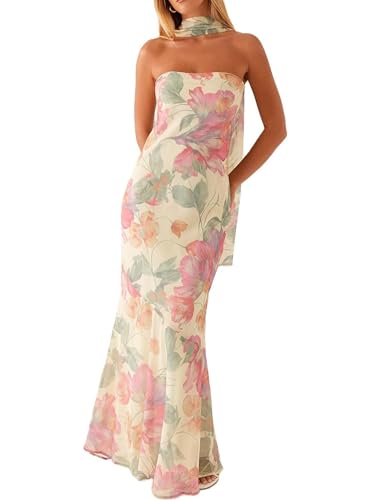 LYSINK Women Summer Floral Strapless Dress Sexy Sleeveless Backless Maxi Dress Y2k Mesh Bodycon Tube Sundress with Scarf (A-a-Mixed Color, S)