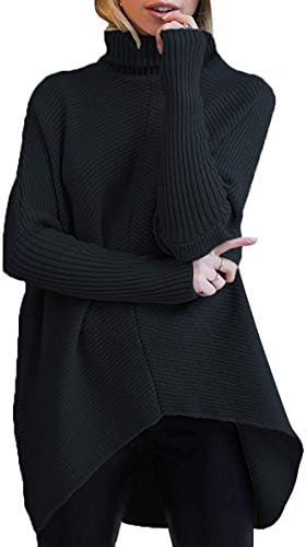 ANRABESS Women's Casual Long Batwing Sleeve Turtleneck Black Sweater Pullover Knit Jumper A87hei-M