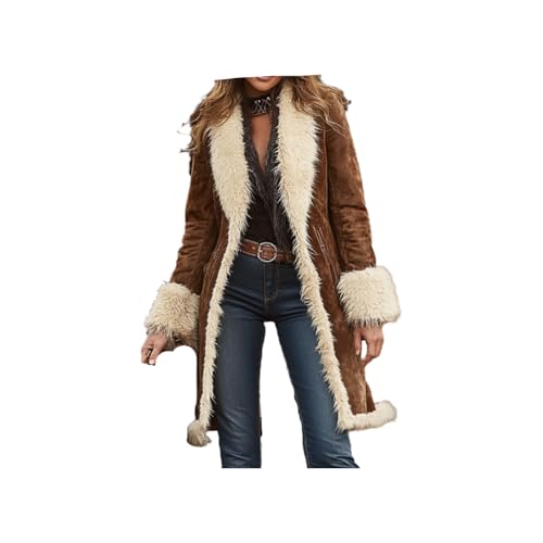 Faux Suede Jacket Women 70s Vintage Western Trench Coat with Long Fuzzy Sherpa Fleece Lining, Warm Winter Outwear Overcoat