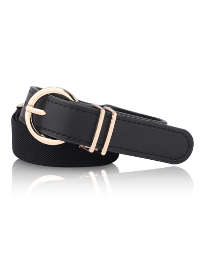 AWAYTR Elastic Leather Belt for Kids - Toddler Girls Belt for Uniform and Jeans with Gold Buckle