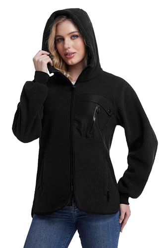 BenBoy Womens Fleece Jacket Sherpa Fuzzy Winter Full Zipper Long Sleeve Hoodie Warm Short Coats Casual Outwear with Pockets,FS5589W-Black-L