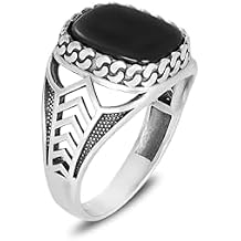 Men's 925 Sterling Silver Onyx Gemstone Ring with Greek Key Bezel Handmade Rectangle Signet Ring for Men Bold Polished Silver Statement Band