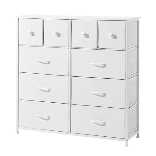 EROMMY Kommode mit Schubladen,Sideboard mit 10 Stoffschubladen,Metallgestell,Kationisches Material Stoffkommode für Schlafzimmer, für Wohnzimmer, Flur, Büro-Holzfarbe,Weiß