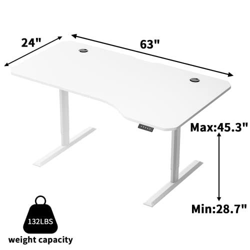 Furmax Standing Desk 63 X 24 Inches Electric Height Adjustable Desk Computer Desk T-Shaped Desk With Memory Settings, Wood Tabletop, Holes For Routing Cables, Desktop With Corner, White #TOP2