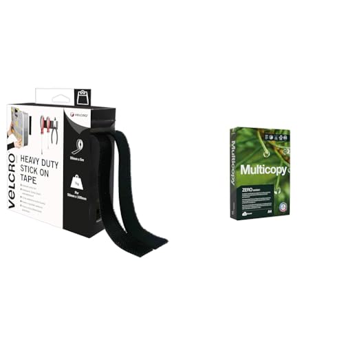 VELCRO Brand Heavy Duty Stick On Tape Cut-to-Length Industrial Extra Strong Double Sided Hook & Multicopy Zero A4 80gsm Printer Paper - 1 Ream (500 Sheets)