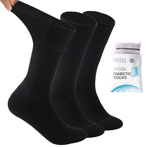 Facool Diabetic Socks for Men Women, Merino Wool Soft Padding Breathable Moisture-Wicking Non-Binding Loose Fit Top Socks, 3 Pairs Black Large