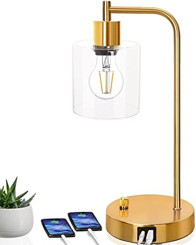 Gold Industrial Table Lamp with 2 USB Ports, Elizabeth Vintage Desk Lamp, 3-Way Dimmable Bedside Reading Lamp with Glass Shade for Bedroom Living Room Office, LED Nightstand Lamp with Edison E26 Bulb