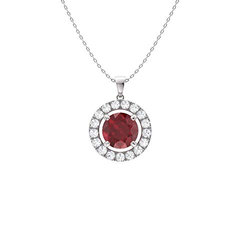 Diamondere Natural And Certified Ruby And Diamond Halo Petite Necklace In 14K White Gold | 0.61 Carat Pendant With Chain #TOP22