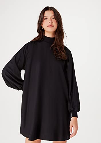 Vestido Curto Gola Alta Com Manga Bufante Preto M