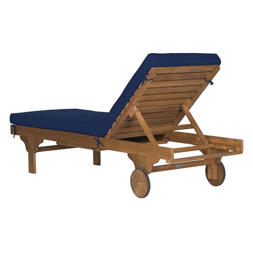 Image of SAFAVIEH Outdoor Collection Newport Natural / Navy Cushion Built-in Side Table Adjustable Chaise Lounge Chair
