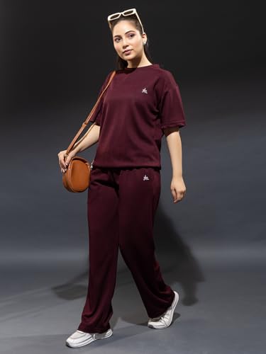 Image of YHA Oversize Round Neck Girls Track Suit Stylish Summer Half Sleeves Womens Cord Set With Full Pant Lightweight Polycotton Fabric Co-ord Sets For Women