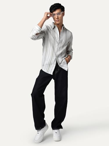 Image of Urbano Fashion Men's Cotton Full Sleeve Relaxed Fit Linen Striped Shirt with Spread Collar