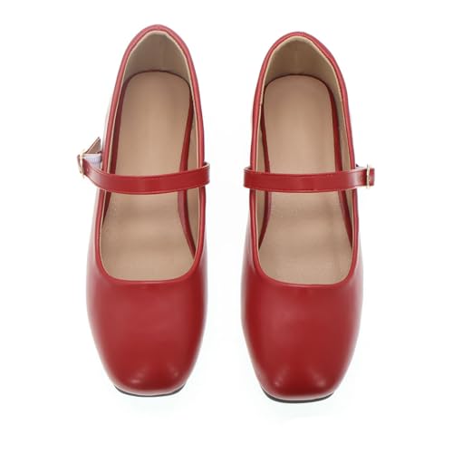 Women's Classic Red Leather Square-Toe Mary Jane Flats, Wide Width Soft Leather Work Shoes