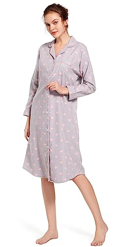 Image of CHUNG Women Nightgowns Brushed Cotton Flannel Nightshirt Dress Long Nightwear Nighties Cozy Sleepwear