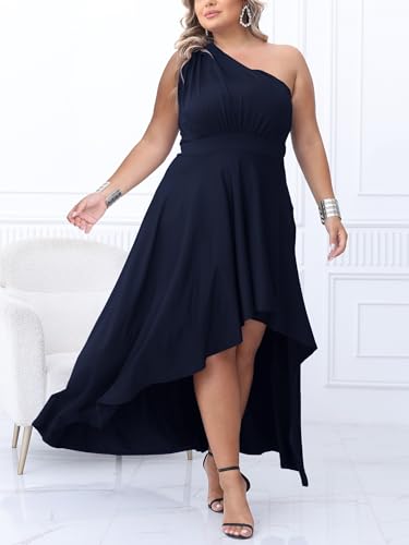 Image of Ekaliy Women's Plus Size One Shoulder Dress Elegant High Low Irregular Hem Flowy Party Cocktail Maxi Dress