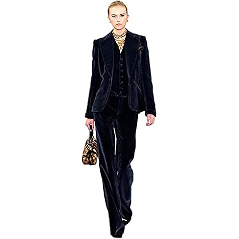 Women's Navy Velvet 2 Piece Business Suit Office Lady Blazer&Pants Wedding Party Suit S Cover