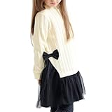 [Bee] ビー ドッキングワンピース ガールズ 女の子 キッズ ジュニア 長袖 ニット チュール リボン 切り替え 異素材 春 秋 冬 130cm アイボリー