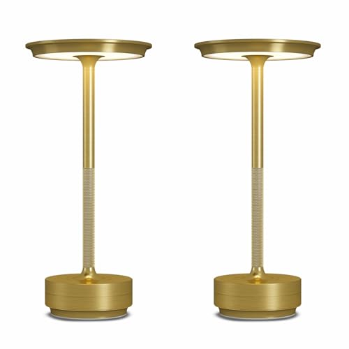 FDIDC 2 Pack Cordless Table Lamps Rechargeable 5000mAh Portable LED Table Light 3 Color Stepless Dimming Battery Powered Table Lamp for Patio/Restaurant/Home/Outdoor.(Brushed Gold)