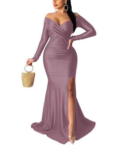 Image of Fooullaide Women Sexy Off Shoulder Elegant V Neck Wrap Formal Evening Gowns | Bodycon, Floor Length, High Split Mermaid Maxi Dress, Stretchy, Prom, Wedding Guest, Cocktail Bridesmaid Wear