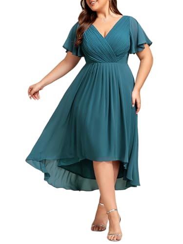 Image of Ever-Pretty Plus Summer Short Sleeves V-Neck Formal Wedding Guest Dresses for Curvy Women Chiffon Midi Cocktail Party Dress