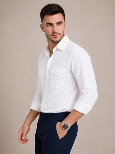 Image of Veirdo Men's Pure Cotton Utility Shirt | Full Sleeve Casual Button-Down with Dual Chest Pockets | Stylish & Comfortable Everyday Wear | Colors: Beige, Black, Maroon, Olive, Rust & White