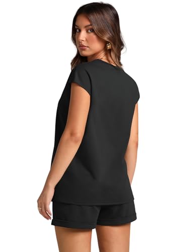 Image of WIHOLL 2 Piece Sets for Women Casual Summer Travel Vacation Outfits Cap Sleeve Shorts Lounge Set