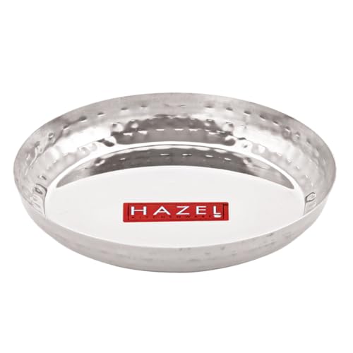 Image of HAZEL Stainless Steel Snack Plate 18 cm | Thali with Hammered Sides | Daily Use Breakfast Plate Food Serving Plate for Restaurant Thali