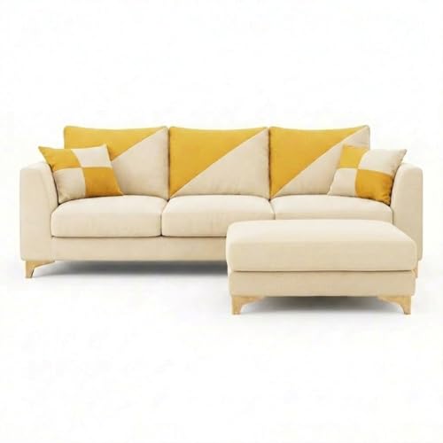 Image of Romeo 5 Seater L Shape Sofa Set with 2 Movable Ottomans | Flexible Layout | Rich Velvet Suede Fabric | Silver Legs | Modern Sofa for Living Room (Cream)