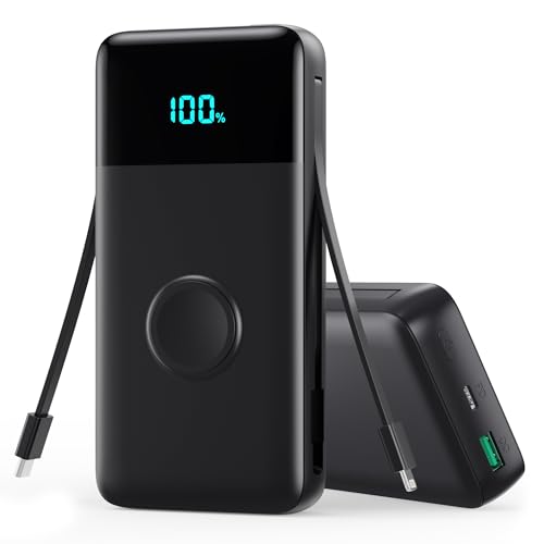 Trswyop Power Bank 26800mAh con Cargador i-Watch, 25W PD+QC4.0 USB C Carga Rápida Batería Externa con 2 Cables Integrados, 5 Salidas Cargador Portátil LCD Compatible con Apple Watch, iPhone, Samsung