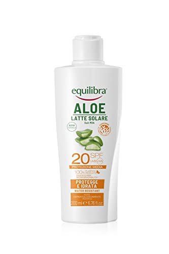 equilibra Solari, Aloe Latte Solare SPF 20, a Base di Aloe Vera, Vitamina C ed E, Olio di Argan, Olio di Cocco e Burro di Karité, Assicura un'Abbronzatura Sana e Naturale, Water Resistant, 200 ml