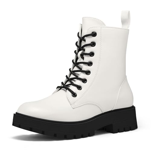 mysoft Women's Combat Boots Lace-Up Platform Ankle Booties Chunky Low Heel Side Zipper Shoes