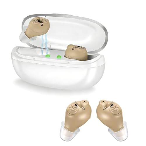 Dispositivo de sonido invisible para adultos y personas mayores, dispositivo de audio recargable con funda de carga, diseño invisible intraural, excelencia de sonido, ajuste cómodo (blanco)