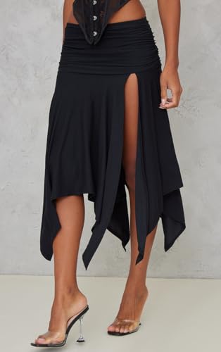 PrettyLittleThing Black Soft Touch Ruched Asymmetric Midi Skirt2