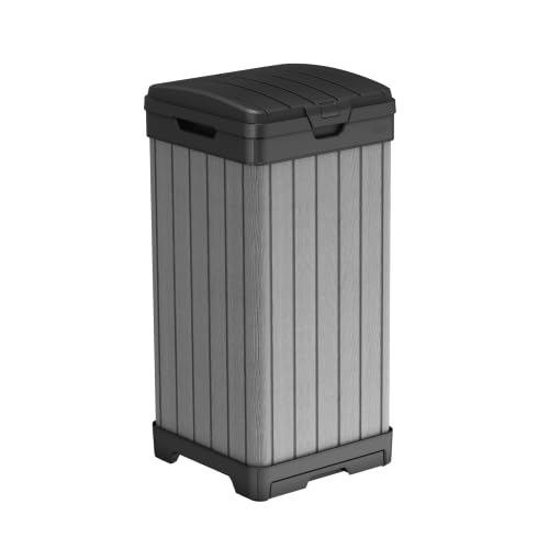Image of Keter Darwin Outdoor Trash Can, 38 Gallon Weather-Resistant Resin Waste Bin with Lid, Wood-Look Design for Patio, Deck, Porch & Backyard