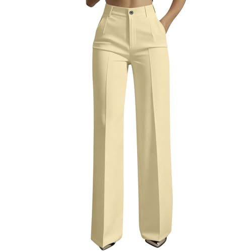 Image of Women's High Waist Suit Trousers Summer Straight Leg Dress Pants with Pockets Formal Stretch Trousers Business Casual Office Work Outfits Light Yellow