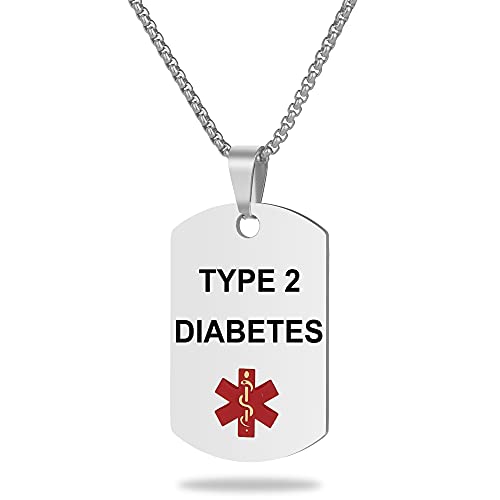 UNICGIFT Medical Alert ID Necklace Laser Engraved TYPE 2 DIABETES Stainless Steel Tag Pendant with 23.6 inch Chain for Men Women Diabetic Emergency First Aid